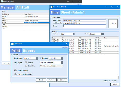 Three windows in ClearDent's software showing staff management system and time sheet