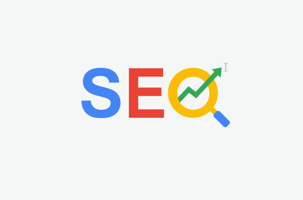 SEO (search engine optimization) minimal flat logo with magnifying glass, arrow and cursor symbol multi color design